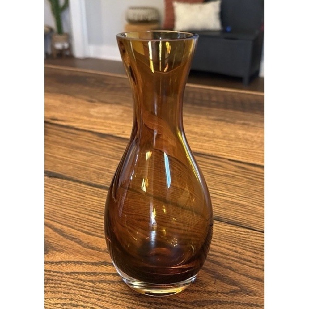 CRATE & BARREL Topaz Diva Vase 8" Made In Poland Amber Glass